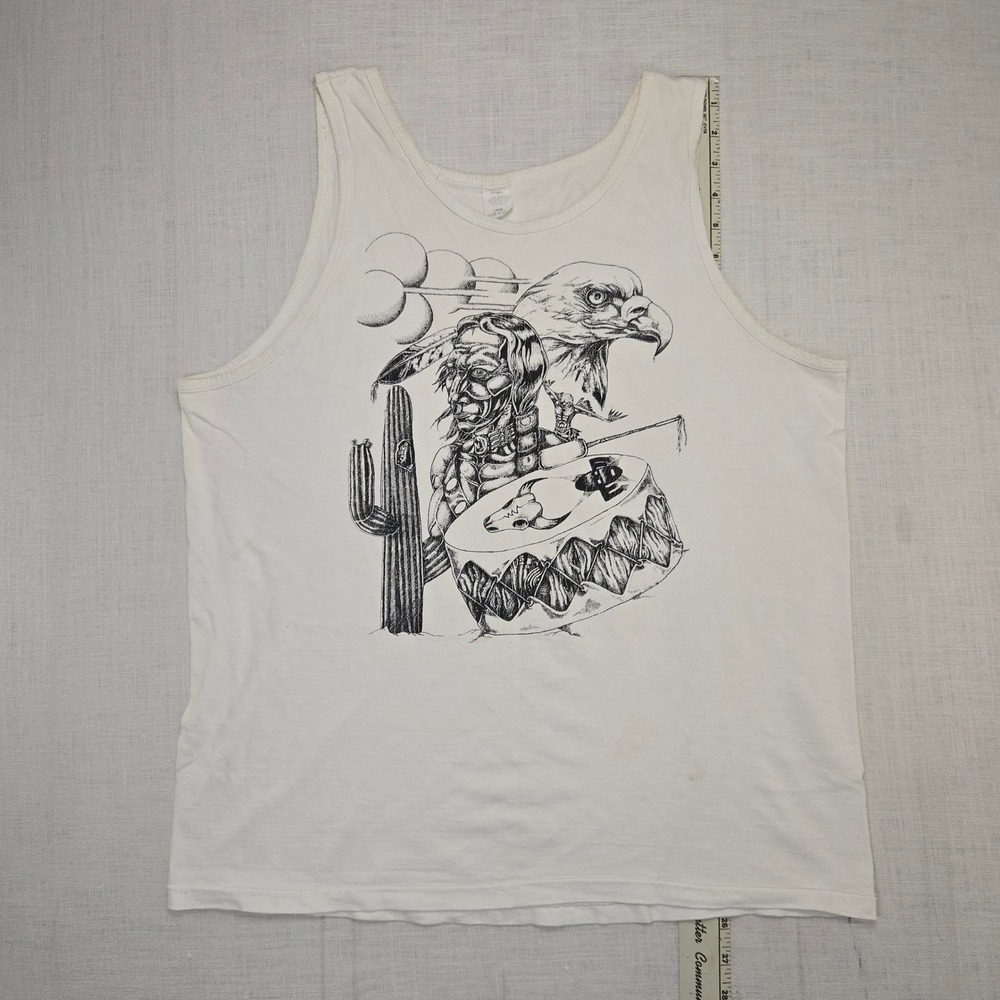 VTG 1980s Eagle Tank Top White Mens Large Native American Muscle Shirt Print USA